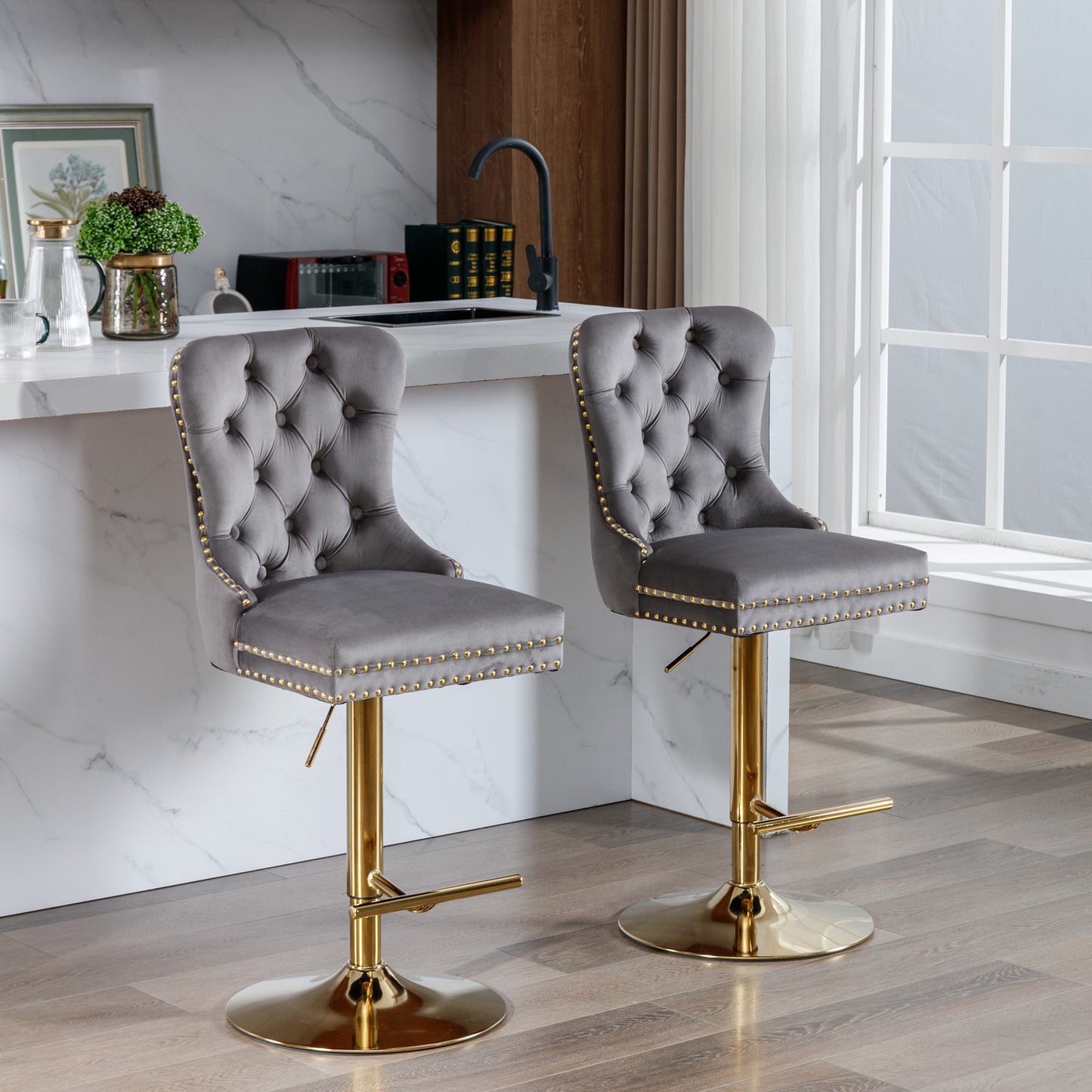 Golden Velvet Comfort Barstools - Gray Set of 2