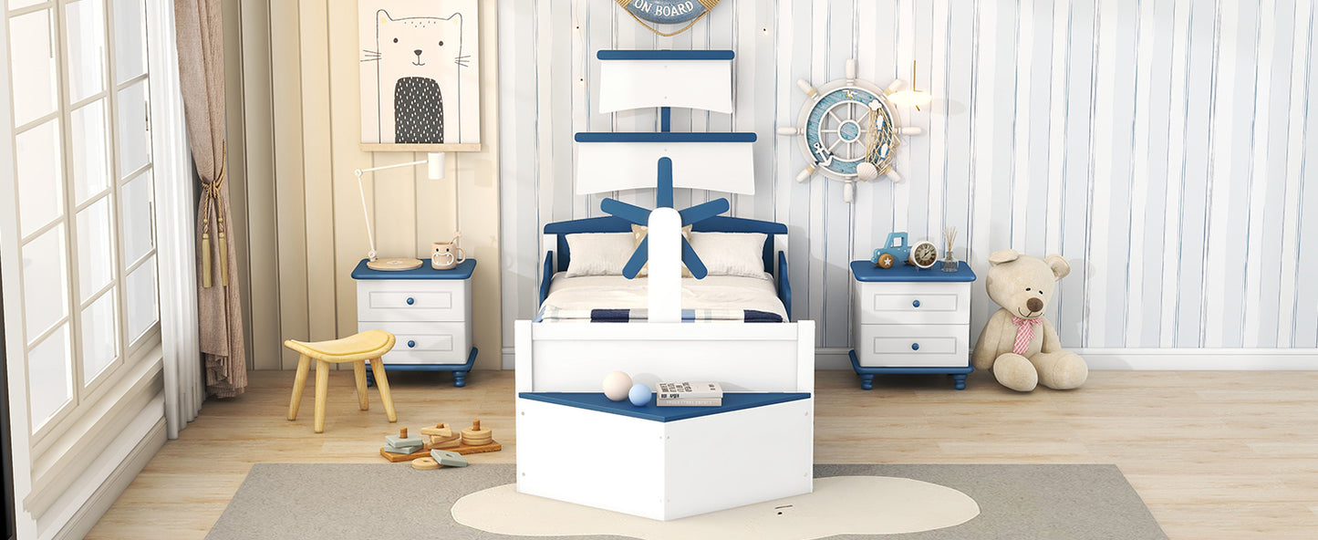 Seaside 3-Piece Bedroom Set: Twin Size Boat Platform Bed and Two Nightstands