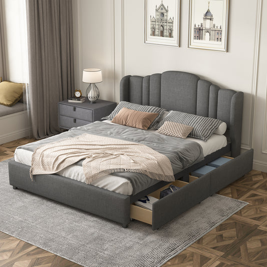 Mali Queen Size Platform Bed with Wingback Headboard - Gray