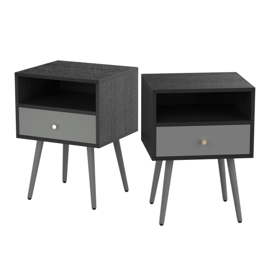 Chic Modern Nightstand with 1 Storage Drawer -  (Set of 2) - Dark Gray