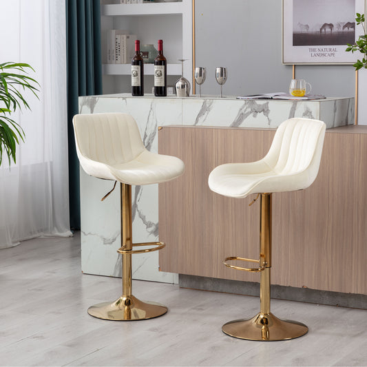 Stramline Adjustable Velvet + Golden Leg Bar Stool - Ivory Set of 2