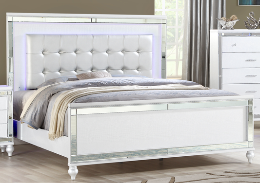 Galaxy King Size Upholstered LED Bed - White