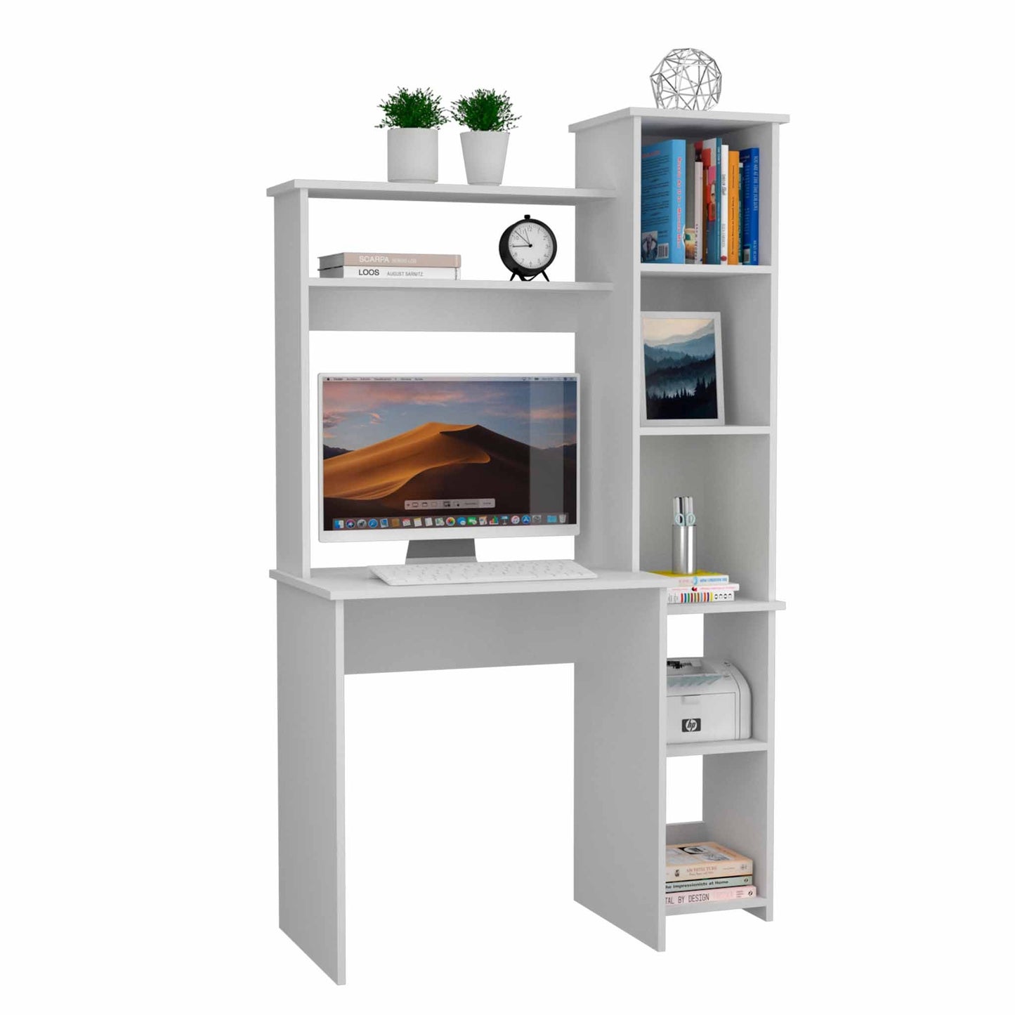 Pureline 6-Shelf Writing Desk with Integrated Bookcase - White