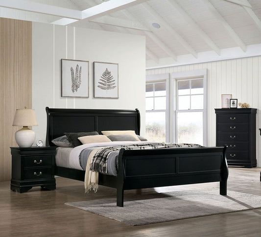 Louis Philippe Solid Wood Queen Size Bed - Black