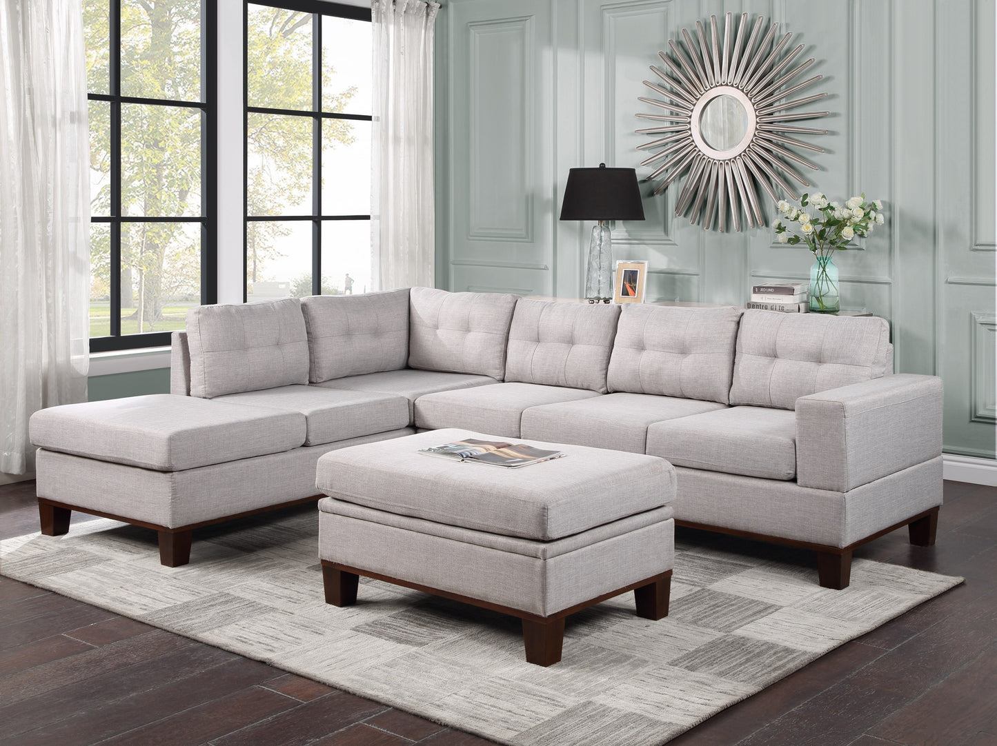 Hilo Fabric Reversible Sectional Sofa with Storage Ottoman - Light Gray