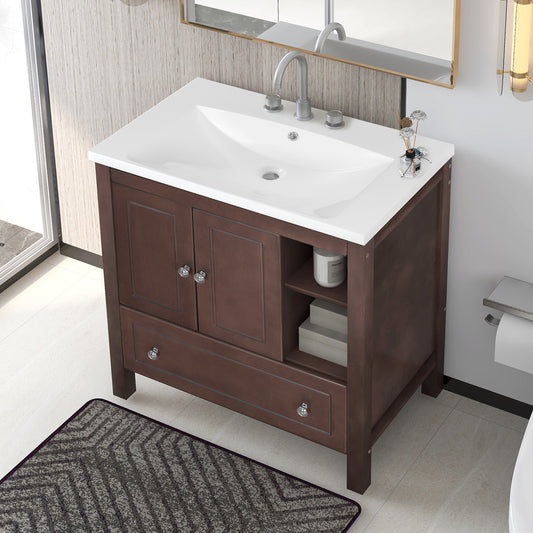 Wooden Bathroom Vanity with Ceramic Sink - Brown