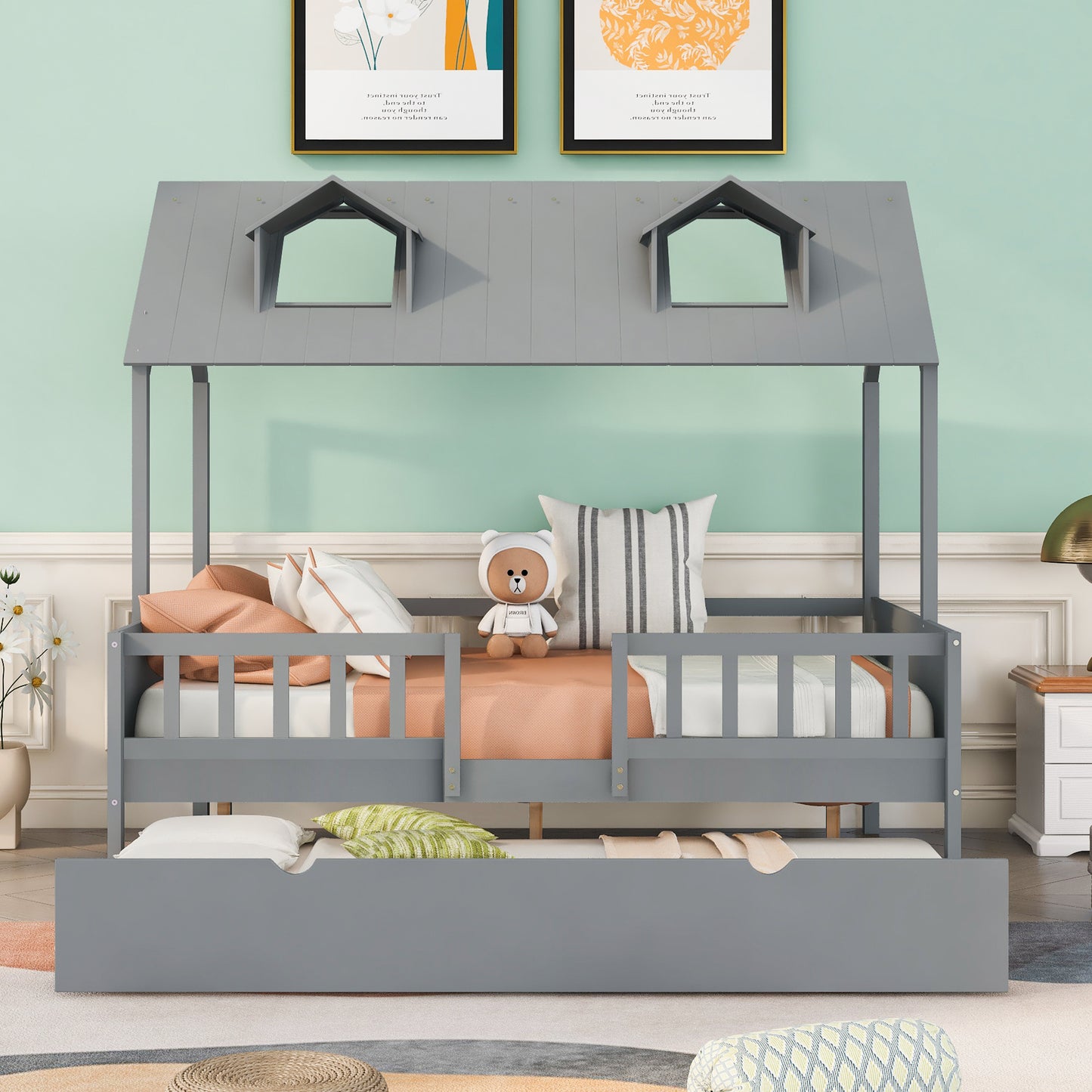 Full Size House Bed with Twin Size Trundle (Gray)