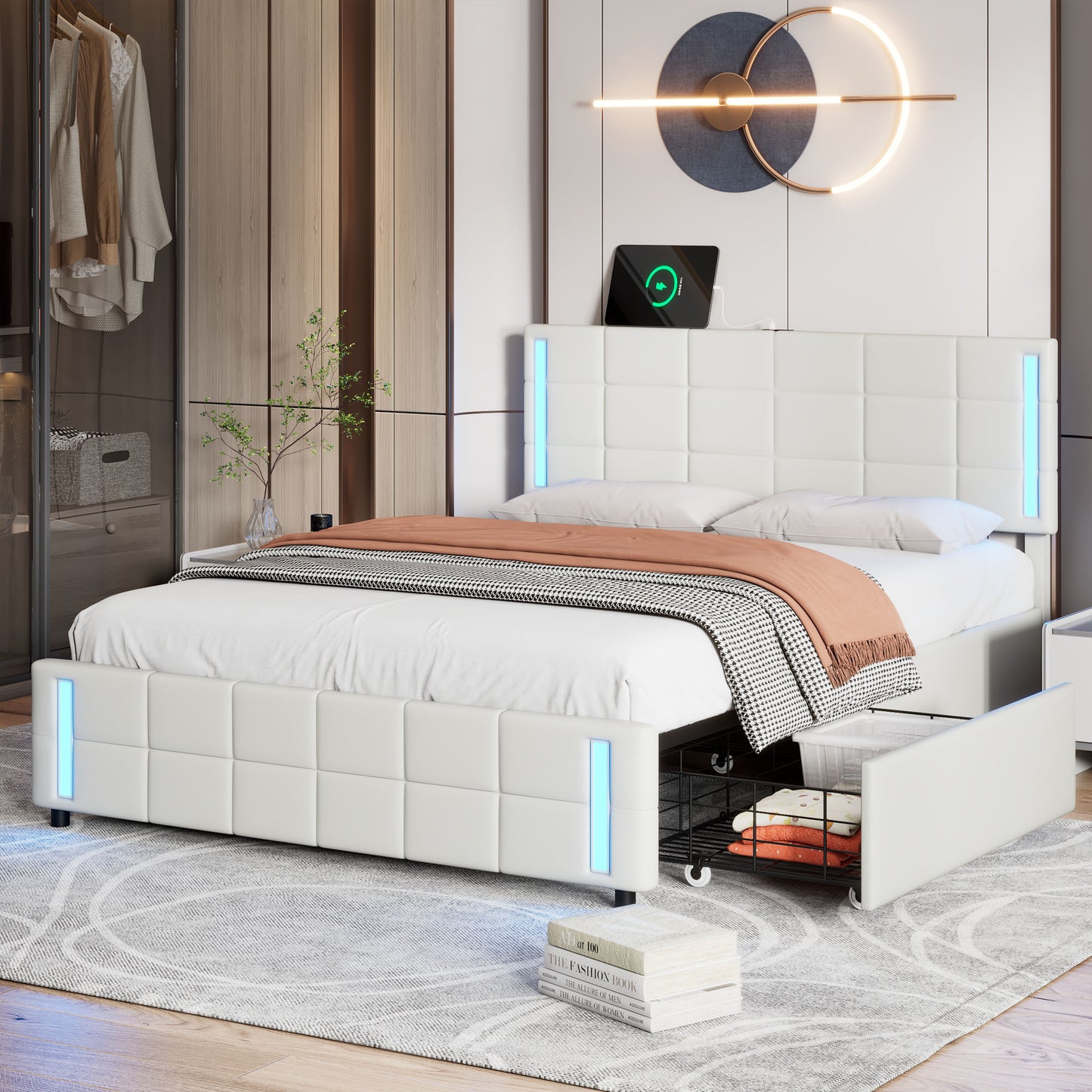 Bot Queen Size Platform Bed with LED - White