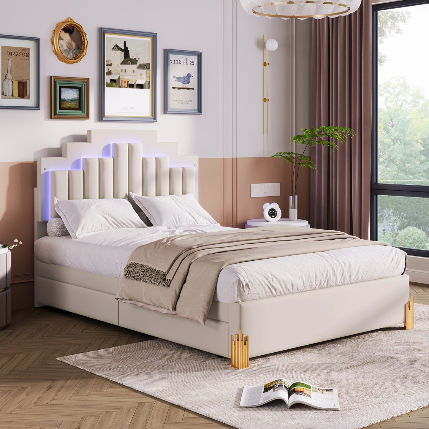 Neco Full Size Platform Bed with LED and 4 Drawers - Beige