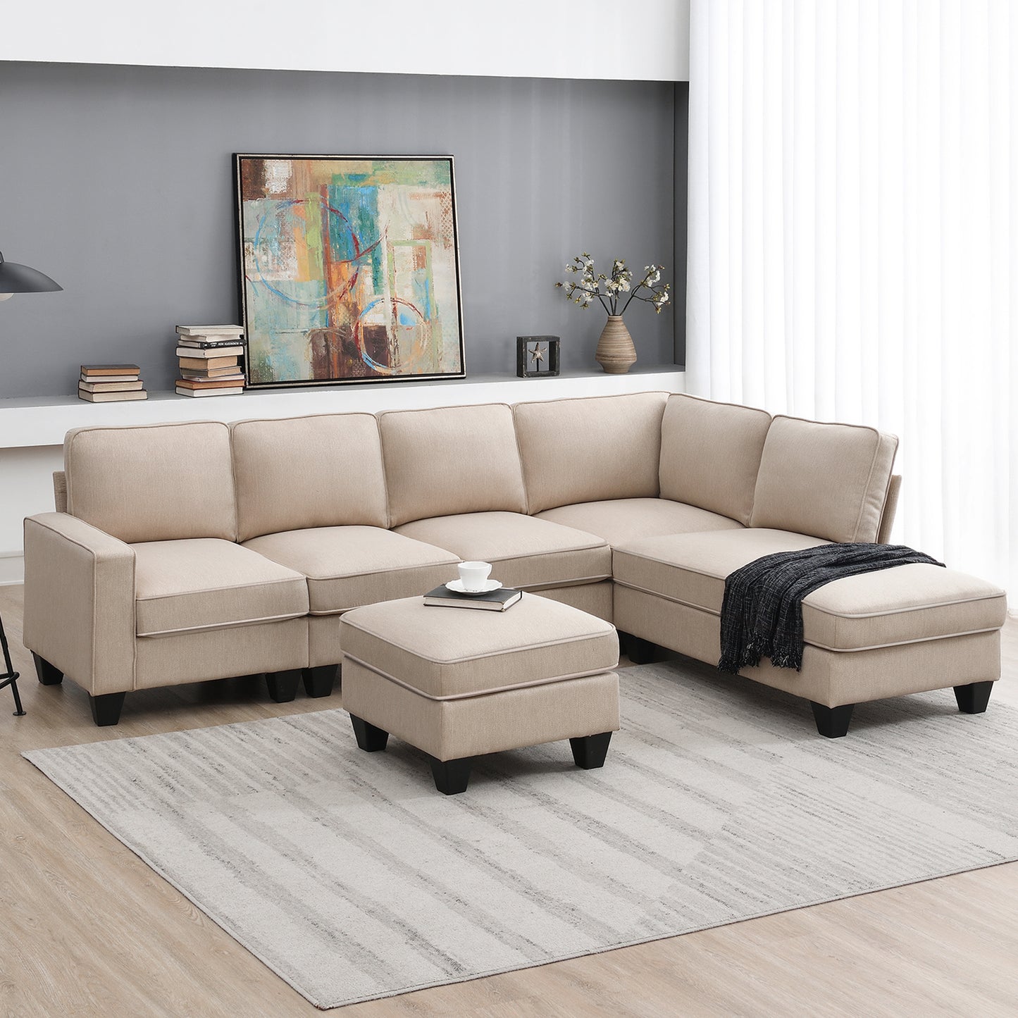 Vortex 7-seat Linen Fabric L-shaped Sectional Sofa - khaki