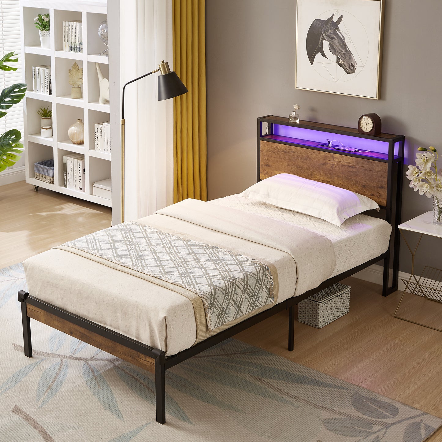 Fusco Twin Size Platform Bed Frame - Black+Brown