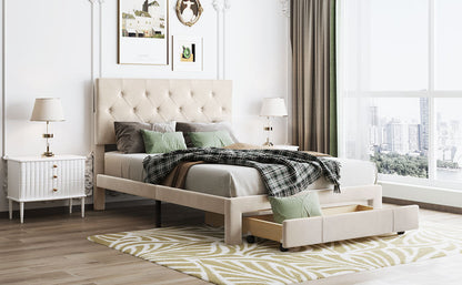 Helena Full Size Velvet Platform Bed Frame - Beige