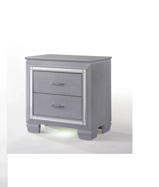 Fidel Solid Wood Two Drawers Nightstand  Built-in Night Light - Silver