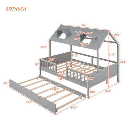 Full Size House Bed with Twin Size Trundle (Gray)