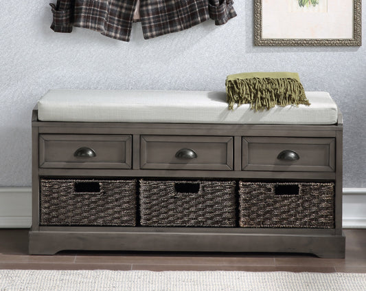 Versa Wood Storage Bench with 3 Drawers and 3 Baskets - Gray