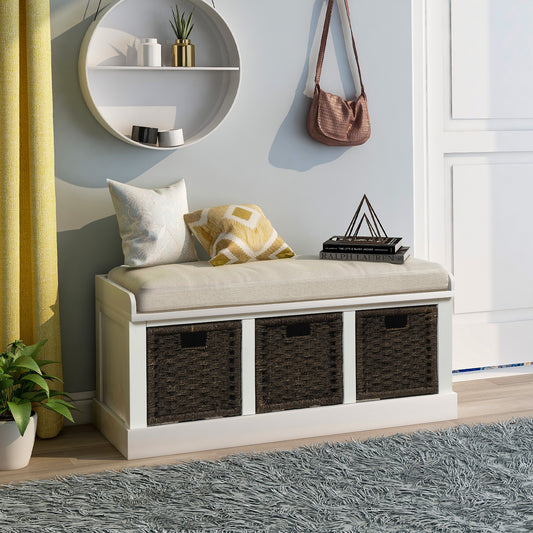 Bella Storage Bench with 3 Removable Classic Rattan Basket - White