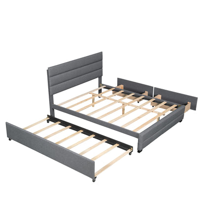 Eira Queen Size Upholstered Platform Bed with Trundle - Grey