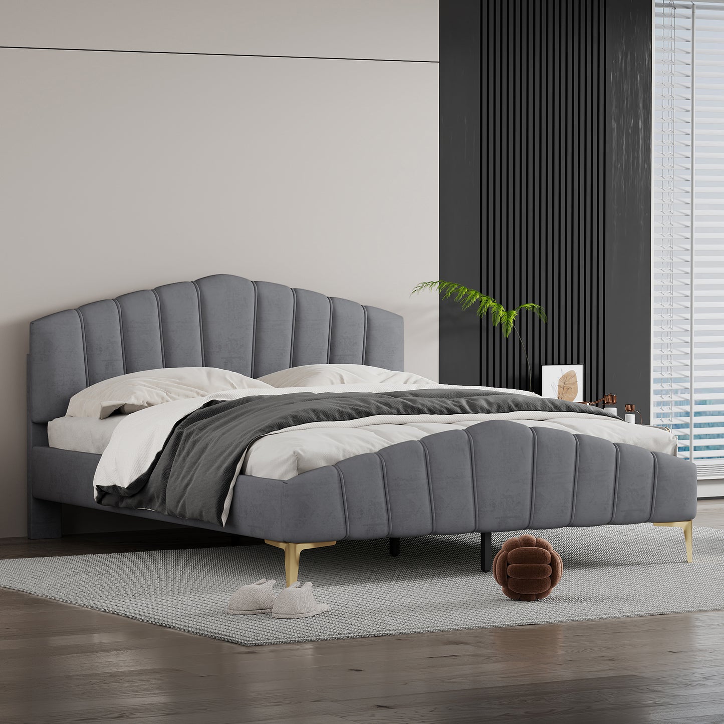 ZuZu Queen Size Velvet Platform Bed with Metal Bed Leg - Gray