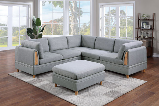 Felix 6pc Modular Sectional Sofa Set 3x Corner Wedges 2x Armless Chairs And 1x Ottoman - Light Grey