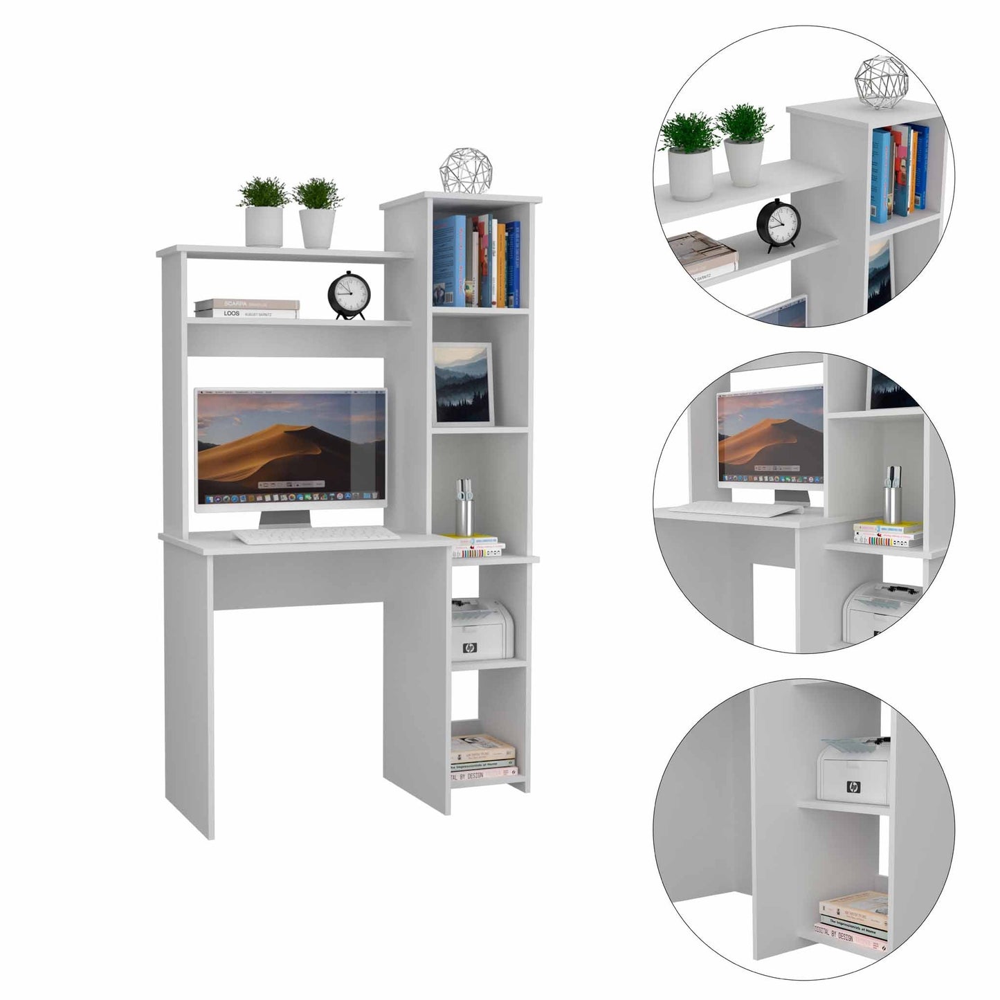 Pureline 6-Shelf Writing Desk with Integrated Bookcase - White