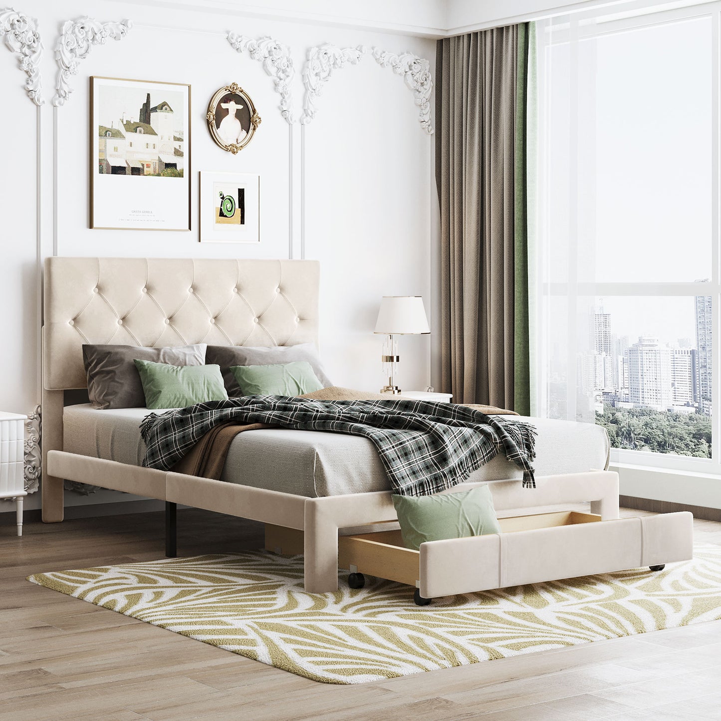 Helena Full Size Velvet Platform Bed Frame - Beige