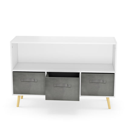 Kids bookcase with Collapsible Fabric Drawers - White+Gray