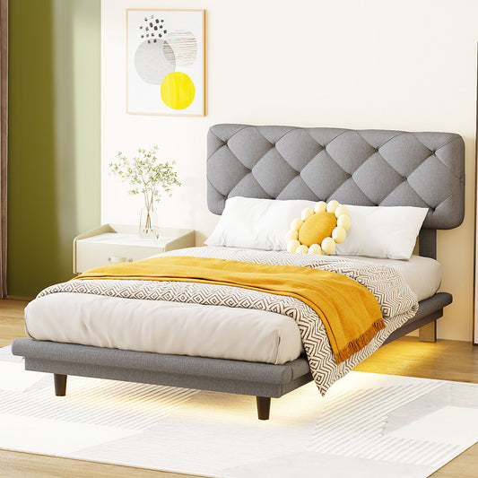 Joy Twin Size Upholstered Bed with Light Stripe - Gray