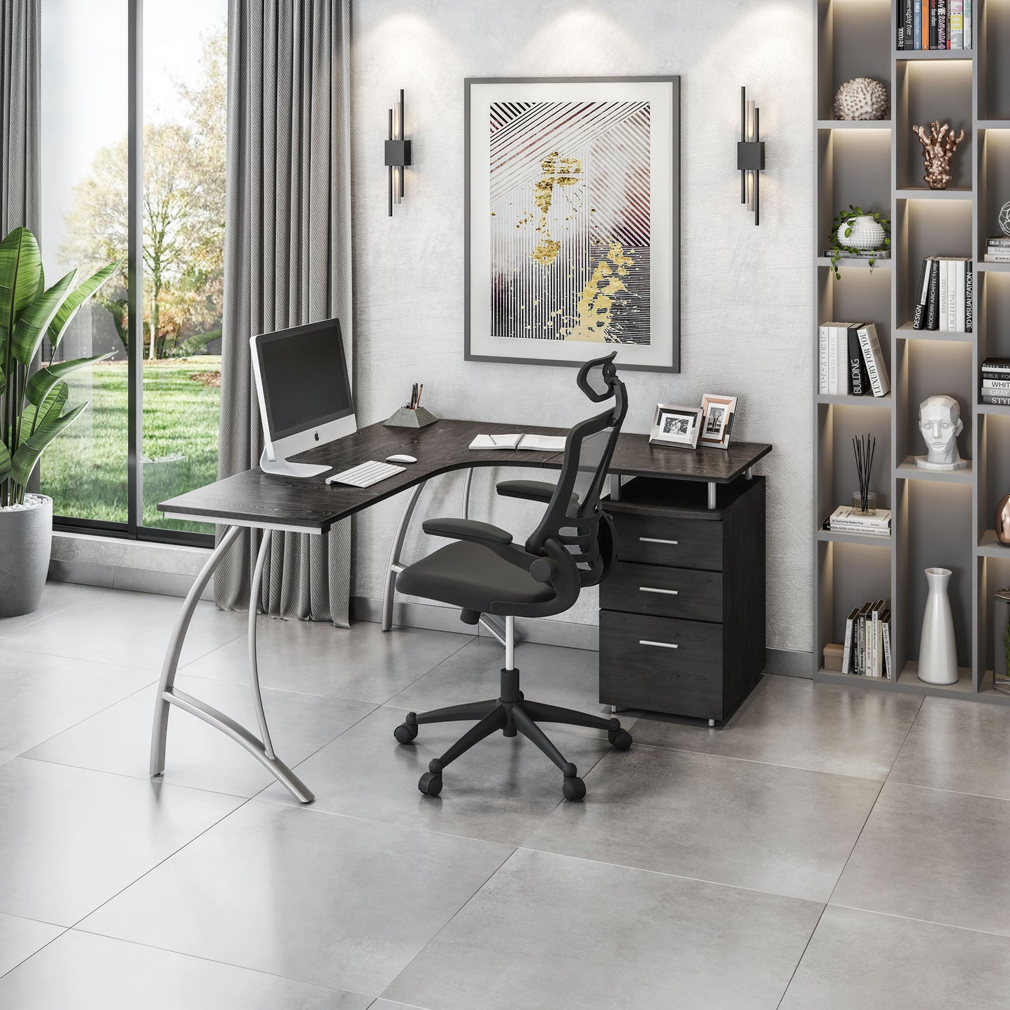 L-Shaped Computer Desk with File Cabinet and Storage