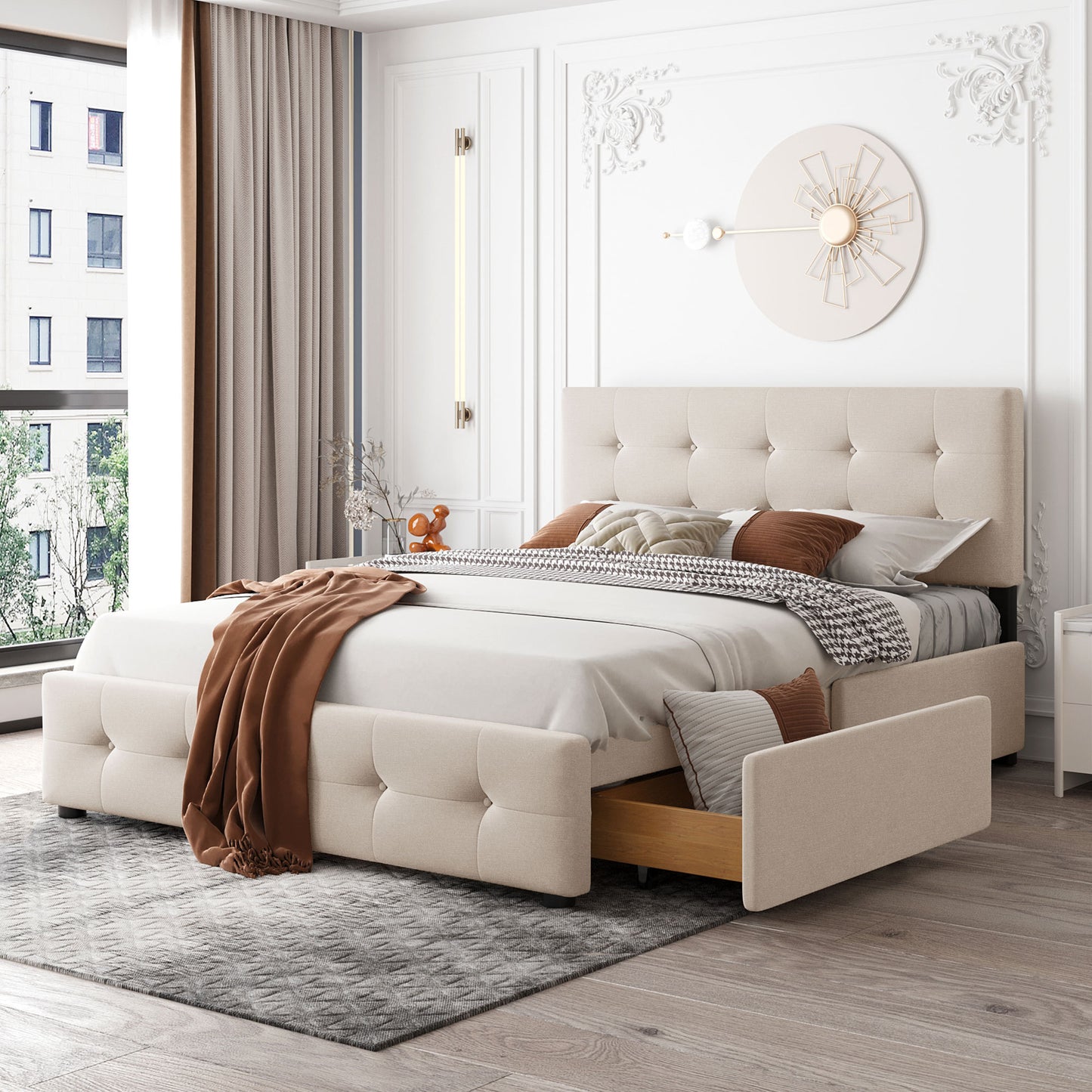 Draco Queen Size Platform Bed with 4 Drawers - Beige