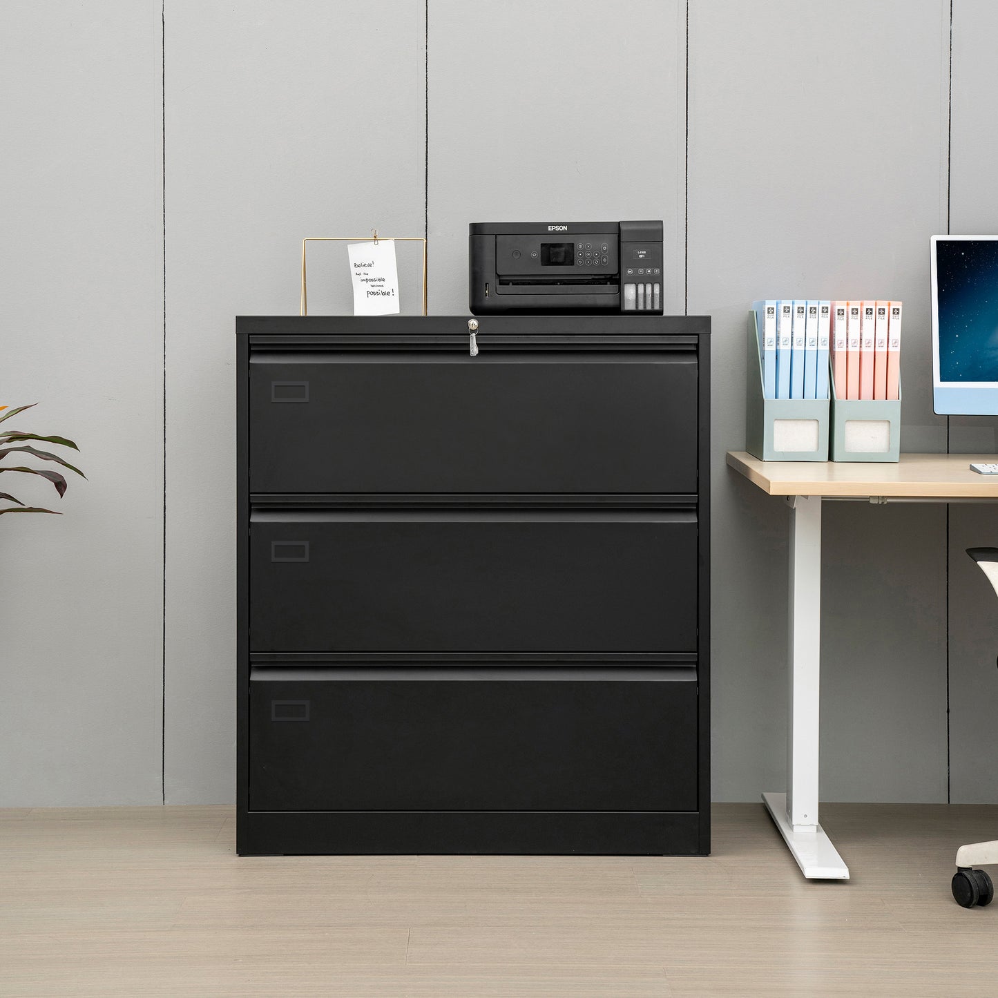 Steel 3 Drawer Lateral Filing Cabinet - Black