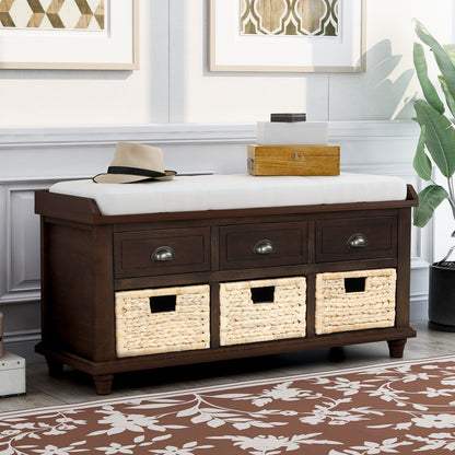 Rustic Storage Bench with 3 Drawers and 3 Rattan Baskets - Espresso