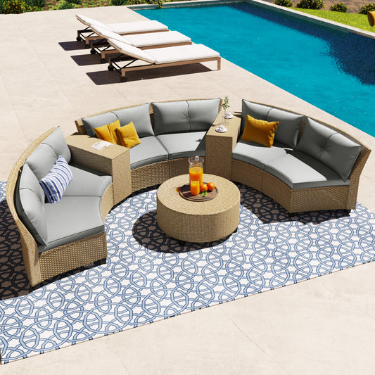 Hester 8 Pc Outdoor Rattan Wicker Half-Moon Sectional Sofa Set - Gray