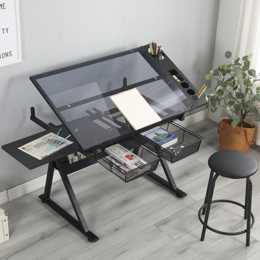 Adjustable tempered glass drafting printing table with chair