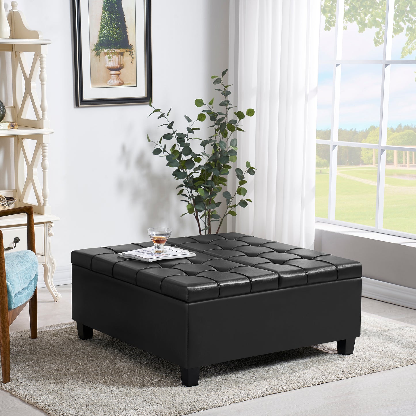 Square Faux Leather Storage Ottoman - Black