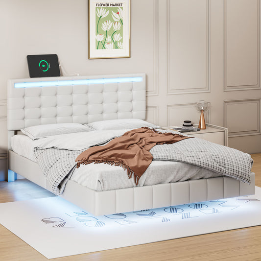 Marc Full Size Floating Bed Frame with LED - White