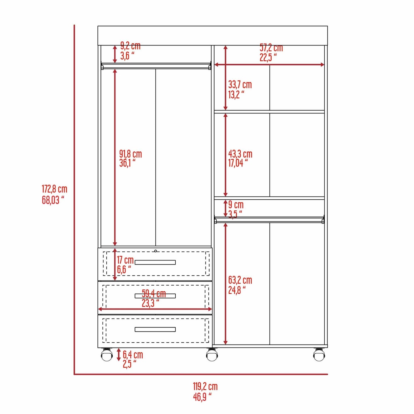 Vista Noir 3-Drawer Wardrobe