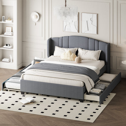 Mali Queen Size Platform Bed with Wingback Headboard - Gray