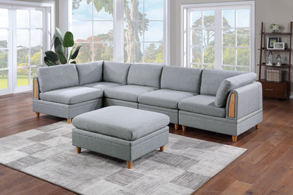 Felix 6pc Modular Sectional Sofa Set 2x Corner Wedges 3x Armless Chairs And 1x Ottoman - Light Grey