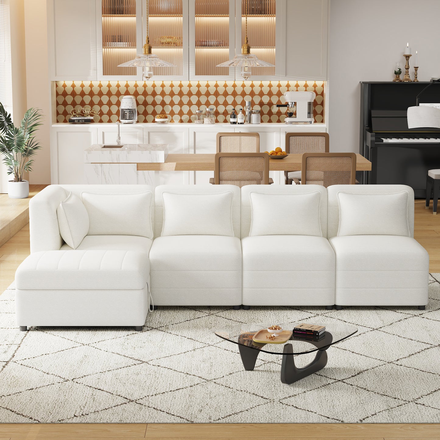 Lexi Sectional Sofa 5-seater Modular Couches with Storage Ottoman - Cream