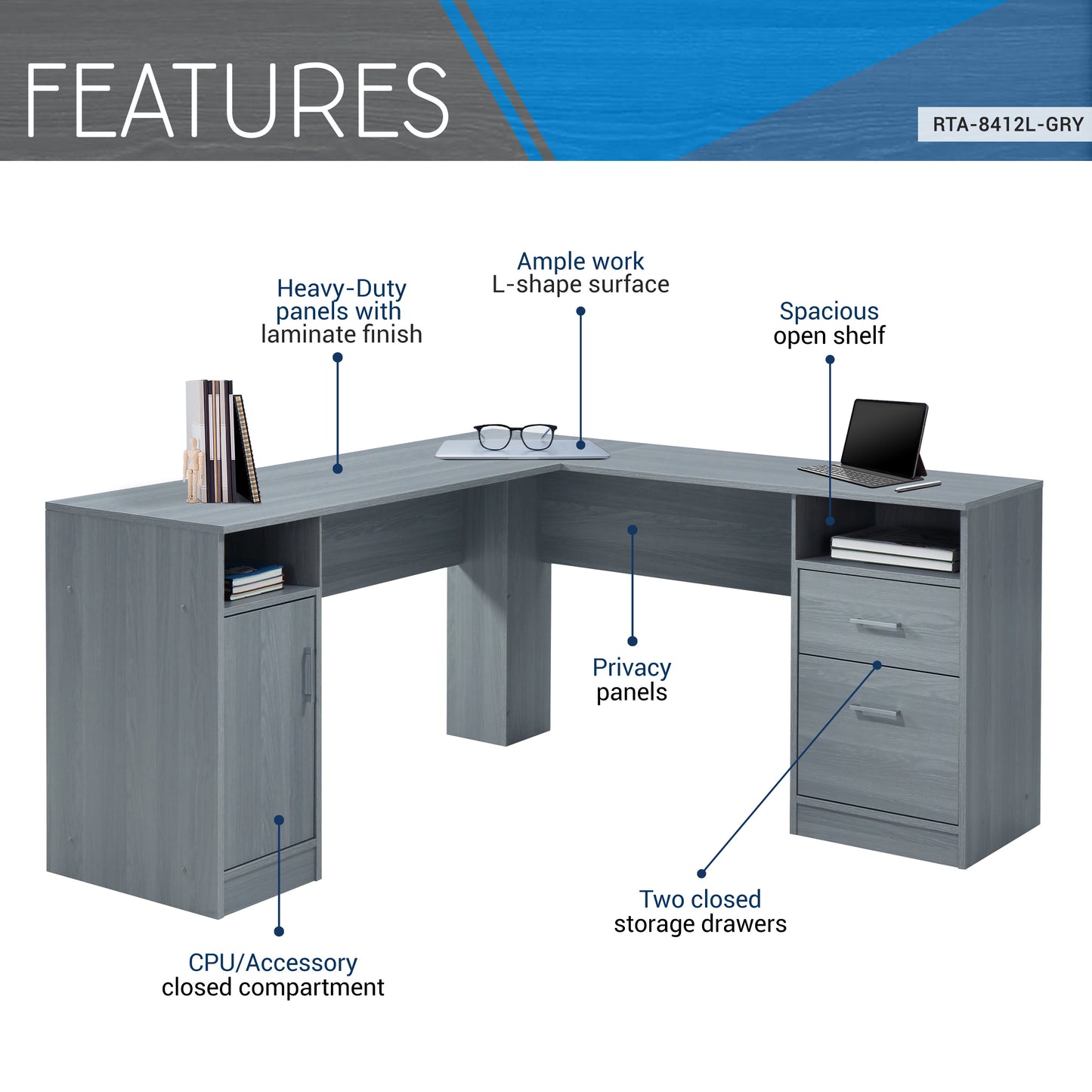 TechMax L-Shape Storage Desk, Slate Grey