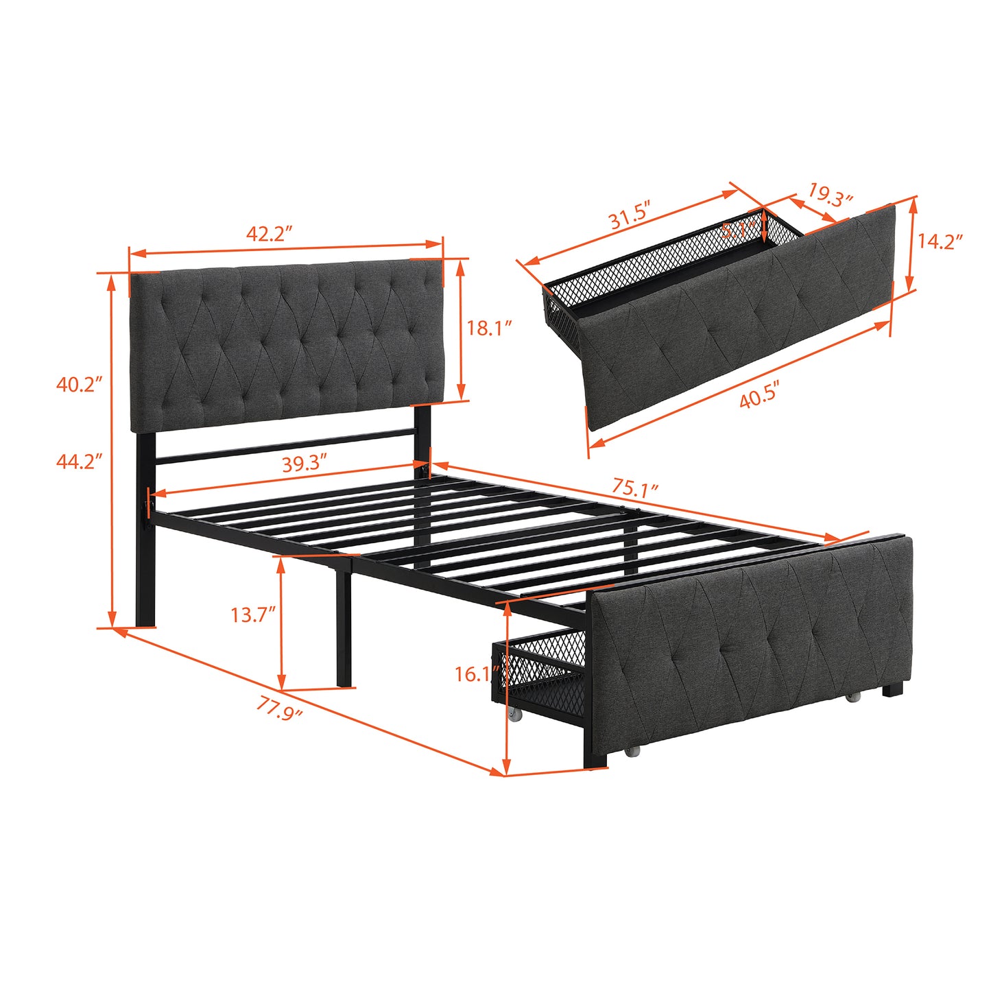 Apex Twin Size Storage Bed Metal Platform Bed with Drawer - Gray