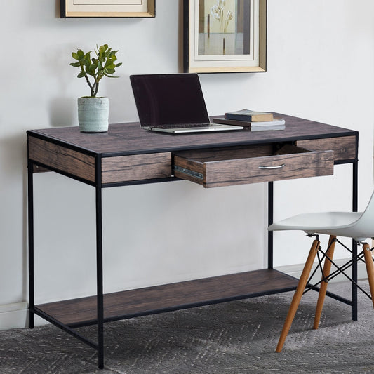 Computer Desk With one Drawer - Walnut & Black