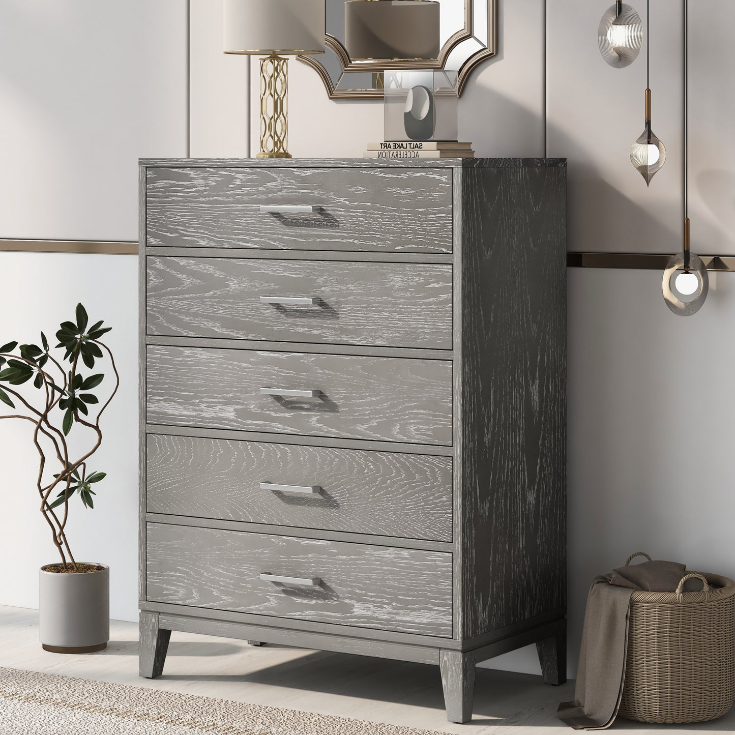 Elegant Essence Grey Wood Grain Five-Drawer Chest