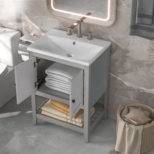 Sleek  Vanity Elegant Ceramic Sink with Solid Wood Frame - Gray