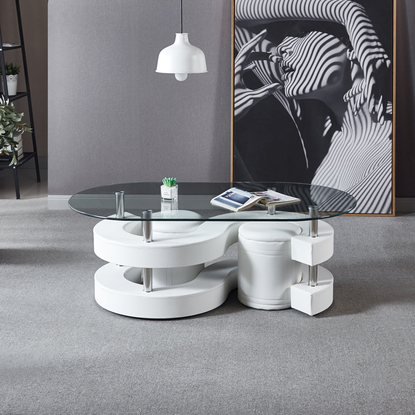 The S Coffee Table Set, Oval Tempered Glass Table and 2 Leather Stools -White