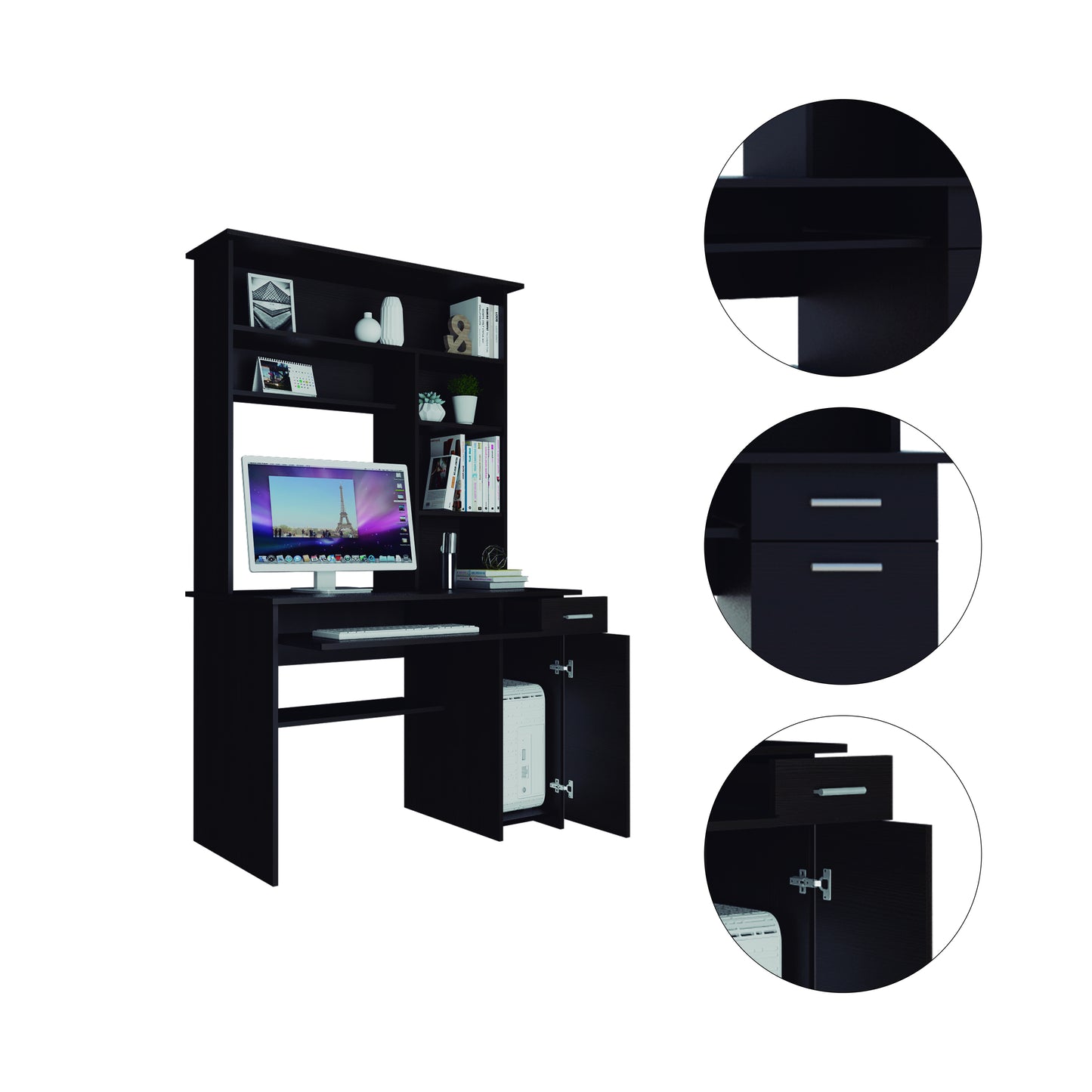 Aberdeen 2-Drawer 7-Shelf Computer Desk with Hutch - Black