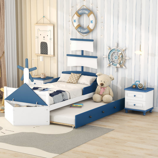 Seaside  3-Piece Bedroom Set: Twin Size Boat Platform Bed and Two Nightstands