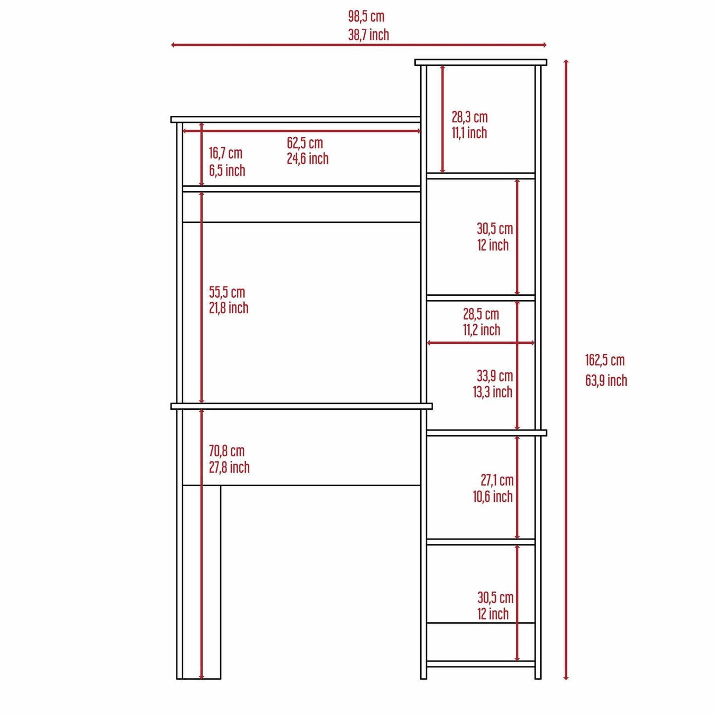 Pureline 6-Shelf Writing Desk with Integrated Bookcase - White