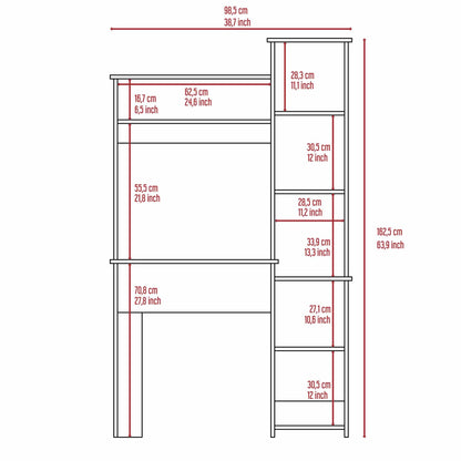 Pureline 6-Shelf Writing Desk with Integrated Bookcase - White