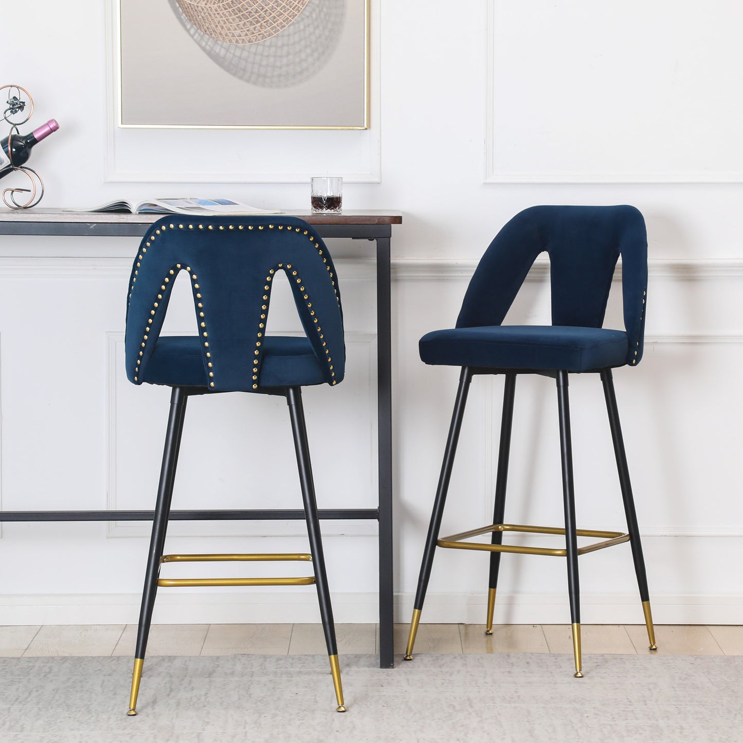 Velvet Upholstered Connor 28" Bar Stool - Blue  Set of 2